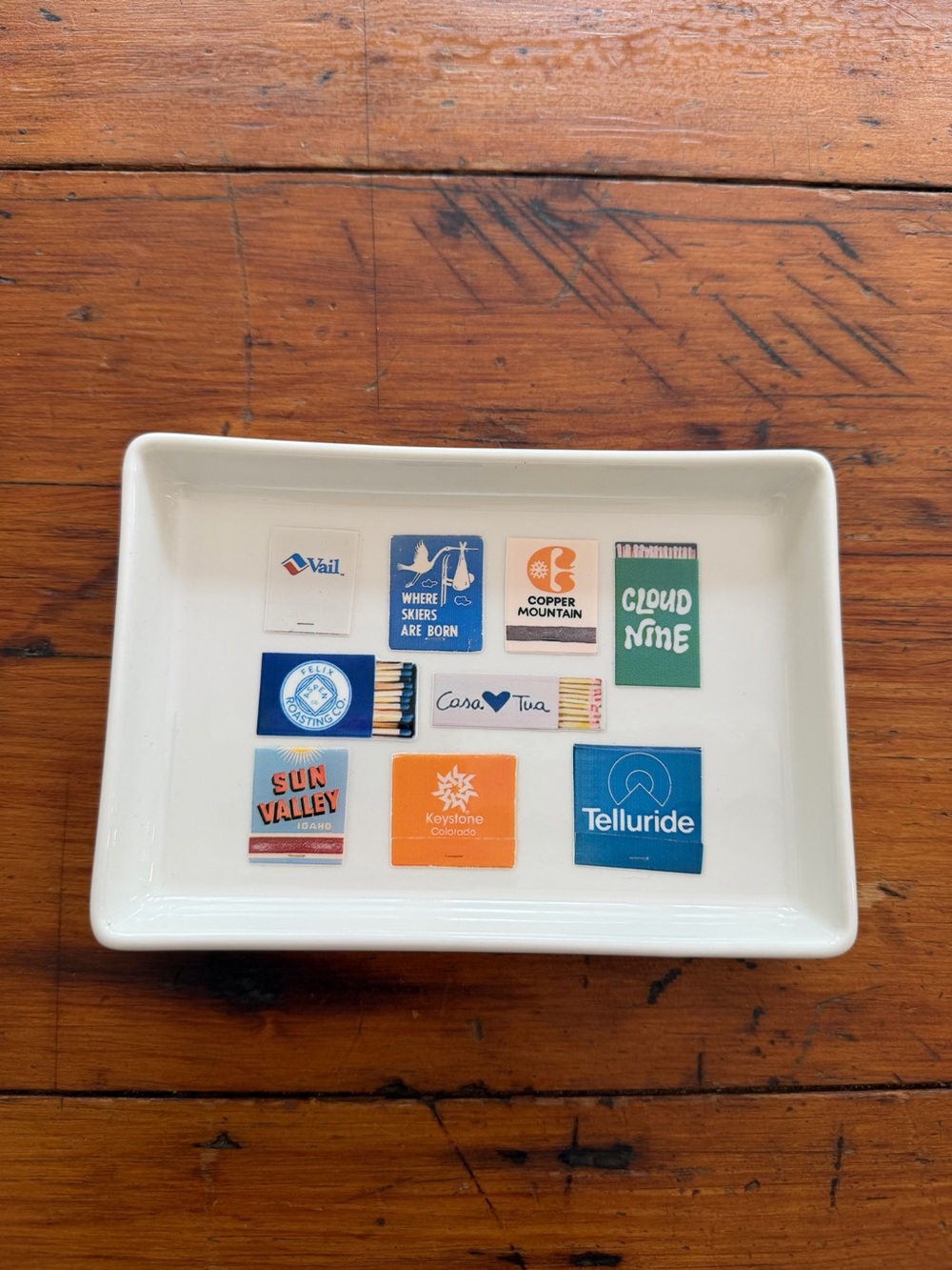 White Rectangular Ceramic Tray with Ski Resort Matchboxes